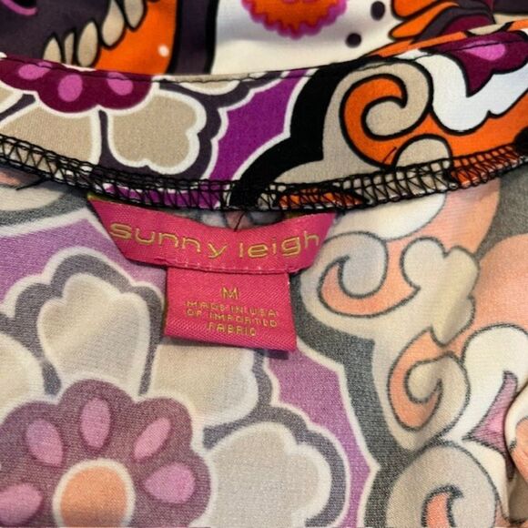 Sunny Leigh Print Dress Orange Purple Gray Tie Neckline Size Medium - Picture 5 of 9